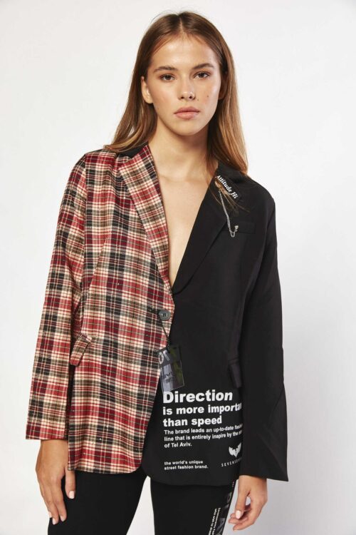 Black And Burgundy Plaid Wide Blazer Jacket  DIRECTION
