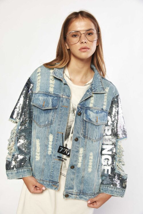 Blue Denim  With Silver Sequins Jacket  GRUNGE