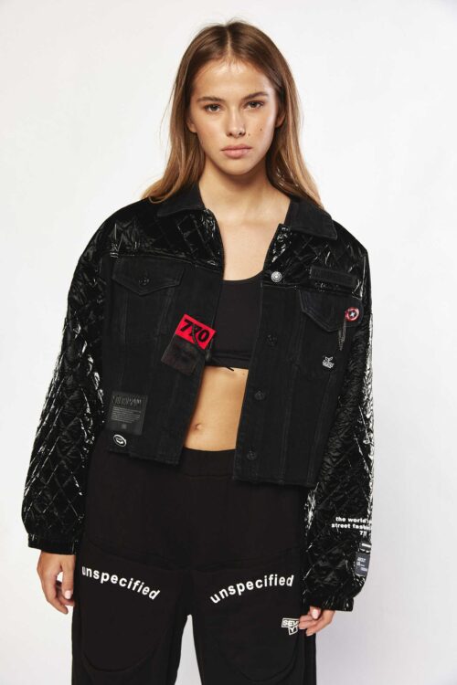 Black Denim And Satin Sleeves Sporty Jacket  SEVEN