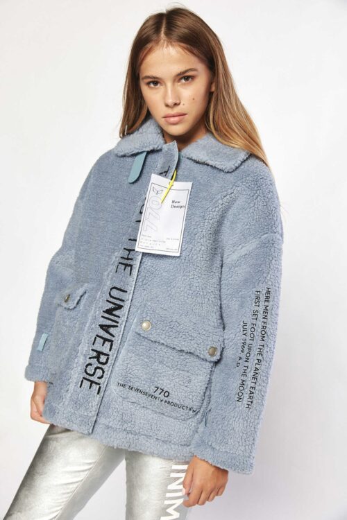 Gray Light Blue  Designed Faux Fur Coat  DRAMA