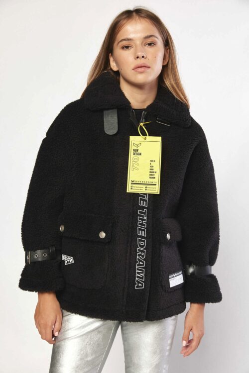Black   Designed Faux Fur Coat  DRAMA