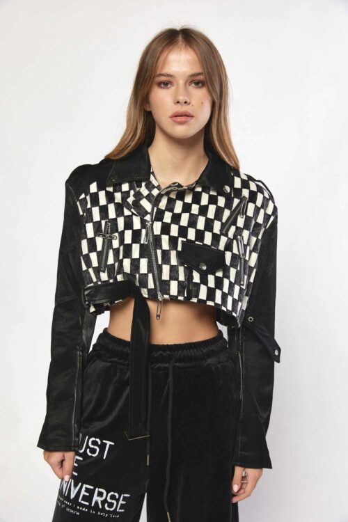 Black And White Crop Zipper Jacket  OUTSIDERS