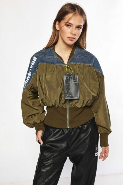 Blue Denim  With Olive Green Satin Sporty Jacket  CONTRIVED