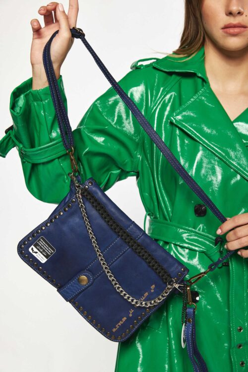 Designed Dark Blue Leather Small Hand Bag  WORLD
