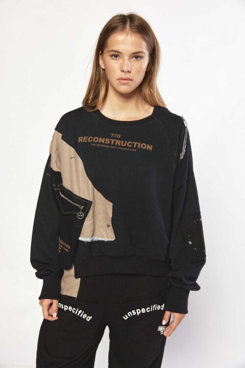 Black  And Beige  Long Sleeves Wide Pullover Top  RECONTRUCTED