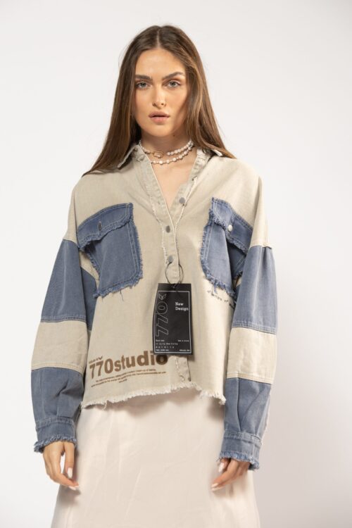 Beige and Blue Denim Long Sleeves Wide Buttoned Top  STUDIO