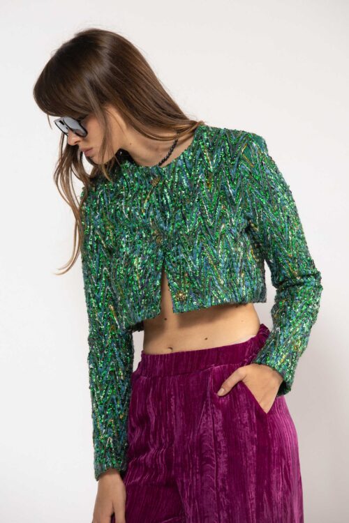Green Blue Golden Sequins Crop Blazer Jacket  GLAM