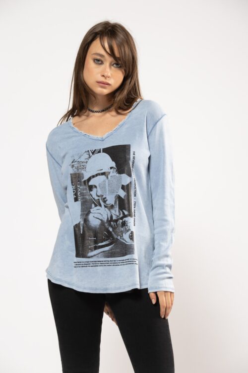 Washed Light Blue  Long Sleeves Basic Top  HAND MADE