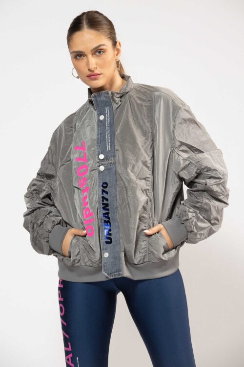 Gray With Denim  Nylon Sporty Jacket  URBAN
