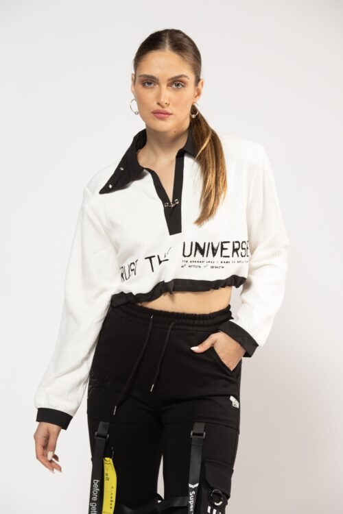 White Long Sleeves Pullover Crop Top UNIVERSE