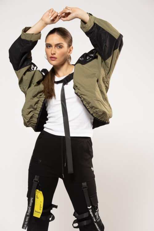 Olive Green And Black  Nylon Opened Top Jacket  STUDIO