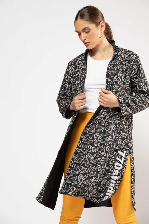 Black And White Floral Two Side  Wide Opened Midi Jacket STUDIO