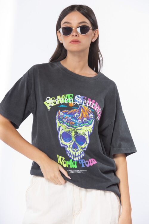  Designed Washed Gray T- Shirt  WORLD TOUR