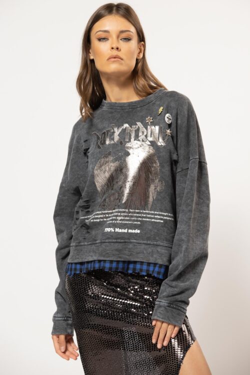 Washed Grey Long Sleeves Destroyed Wide Top ROCK