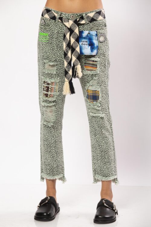 Leopard Denim Pants Olive Green and Black Colors WARNING