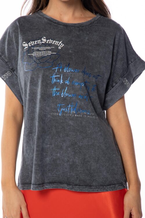  Designed Washed Gray T- Shirt  FLOWER