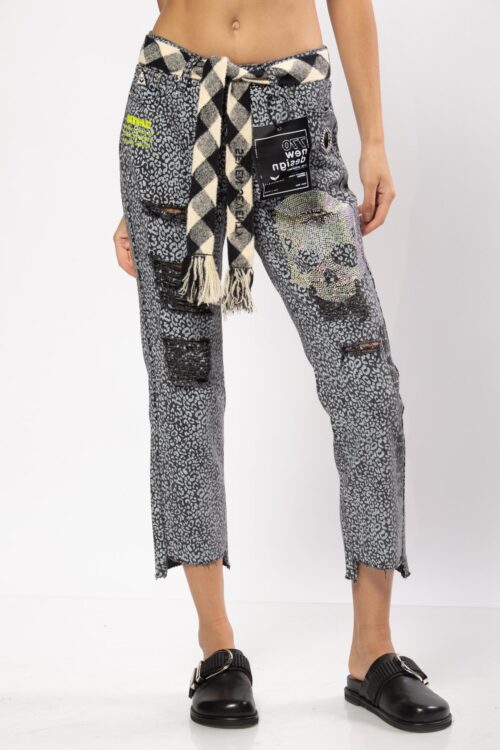 Leopard Denim Pants Beige  and Black Colors SKULL