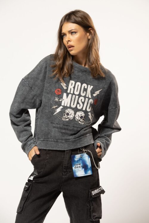 Washed Grey Long Sleeves Wide Top ROCK MUSIC