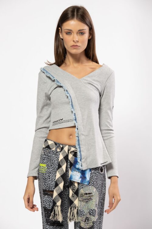 Grey And Denim Long Sleeves Top  ATTITUDE
