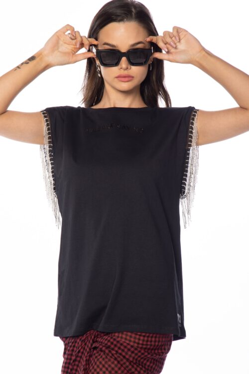 Sleeveles Rhinestone Fringe tee shirt  SAY NO