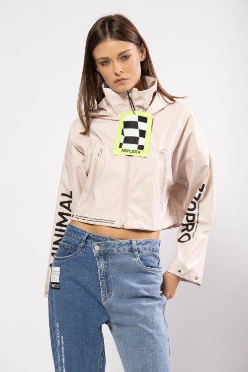 Beige Hooded Vinly Jacket MINIMAL