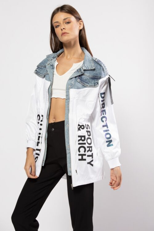 Denim and White Nylon Designed Jacket  SPORTY