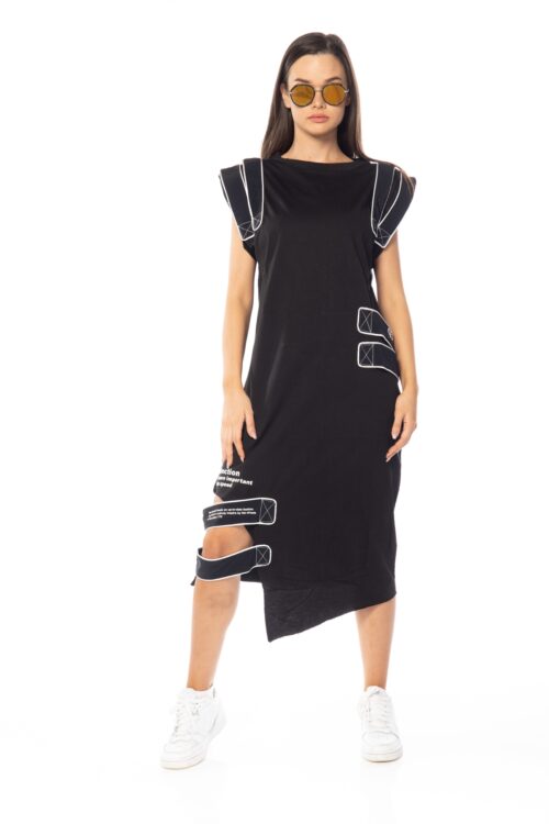 Black Designed Midi Length Asymmetric Dress  DIRECTION