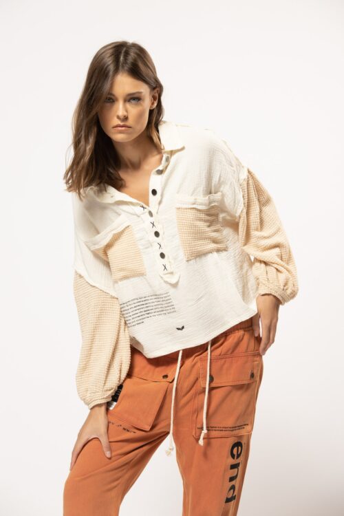 Beige Long Sleeves Wide Buttoned Top  COMFY