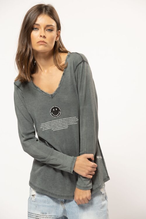 Washed Gray Long Sleeves Basic Top  SMILE