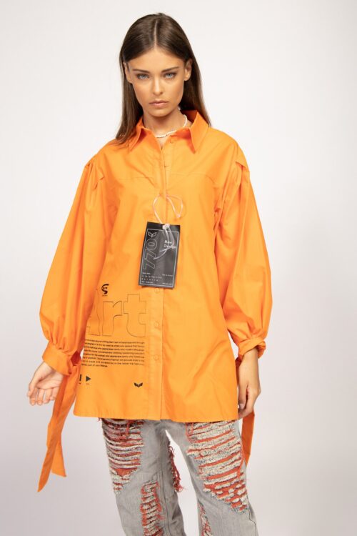Orange Buttoned up Long Sleeves Wide Tunic Top  ART