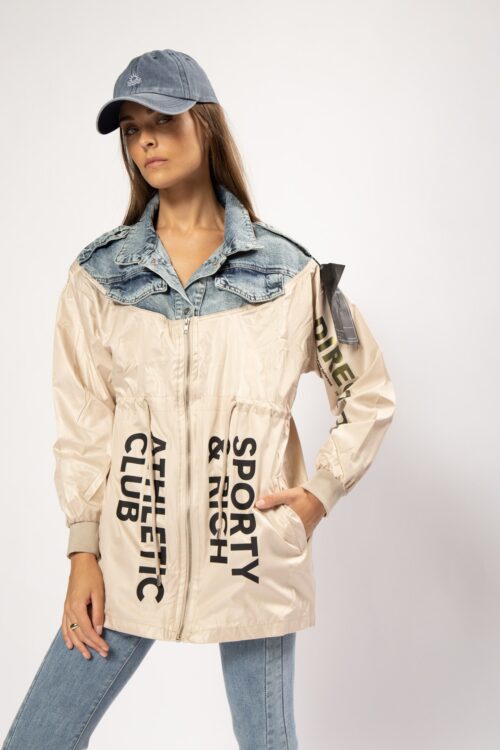 Denim and Beige Nylon Designed Jacket  SPORTY