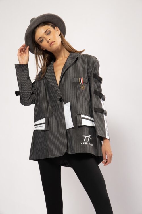 Long Gray Stripes Wide   Blazer Jacket HAND MADE