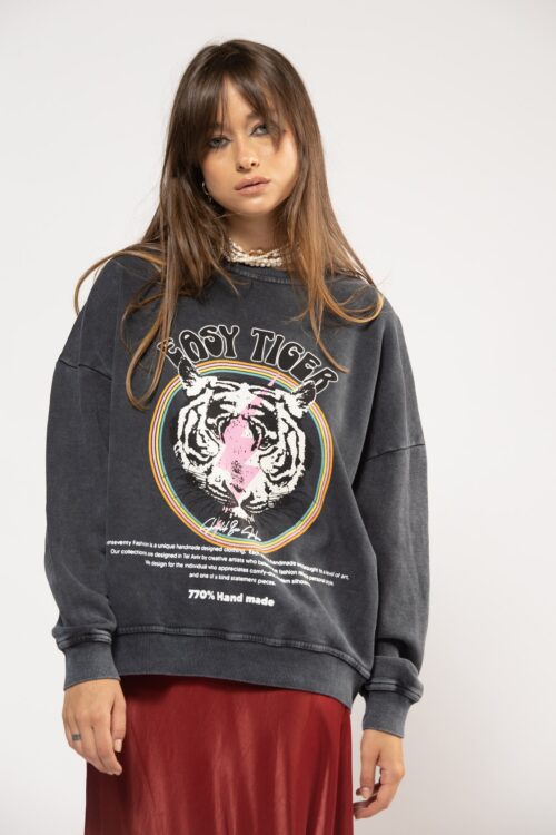 Washed Grey Long Sleeves Wide Top TIGER