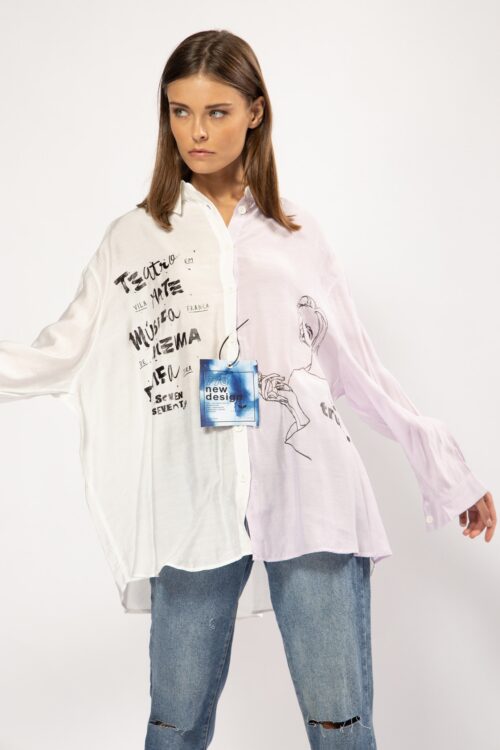 White And Light Purple  Long Sleeves Wide Buttoned Top  TRUE