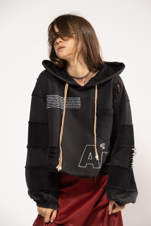 Washed Black Long Sleeves Hooded Wide Top ART