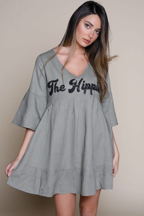 Olive Green Long Sleeve Designed Dress HIPPIES