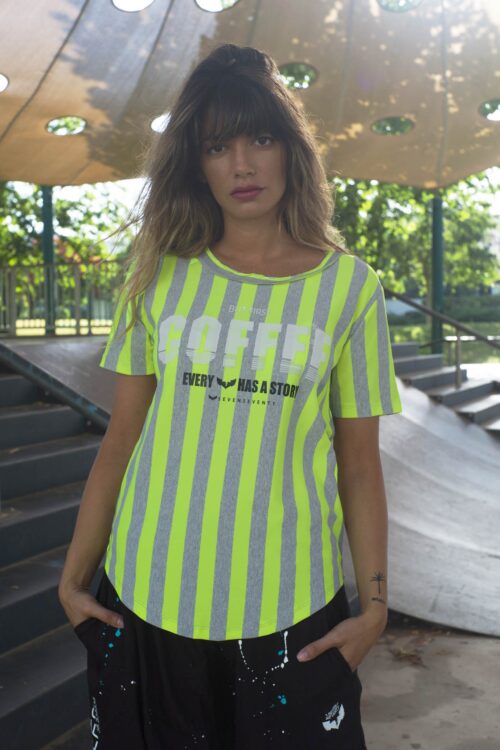 Stretchy Stripe Yellow And Gray T Shirt  COFFEE