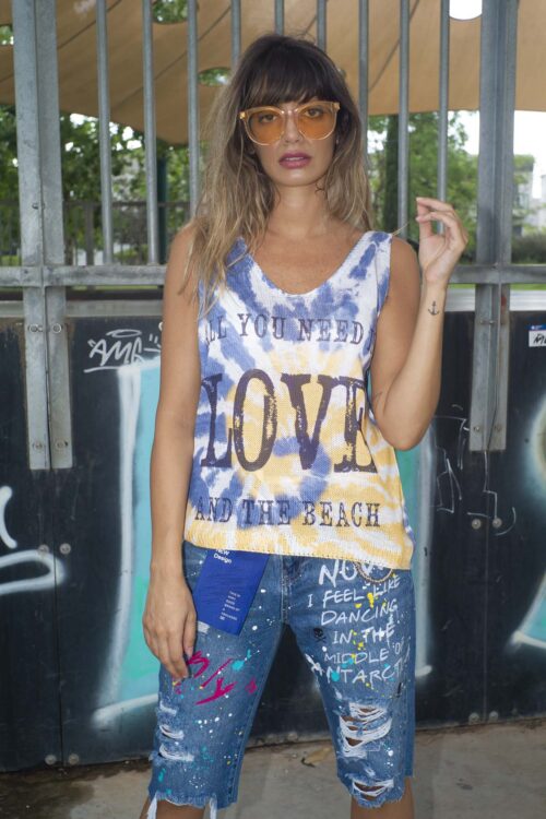 Blue And Yellow  Knit Cotton Tank Top LOVE