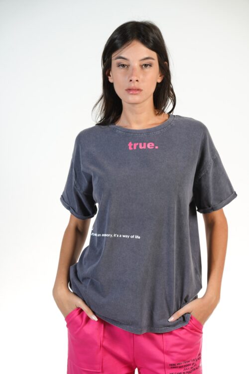  Designed Washed Gray T- Shirt  TRUE