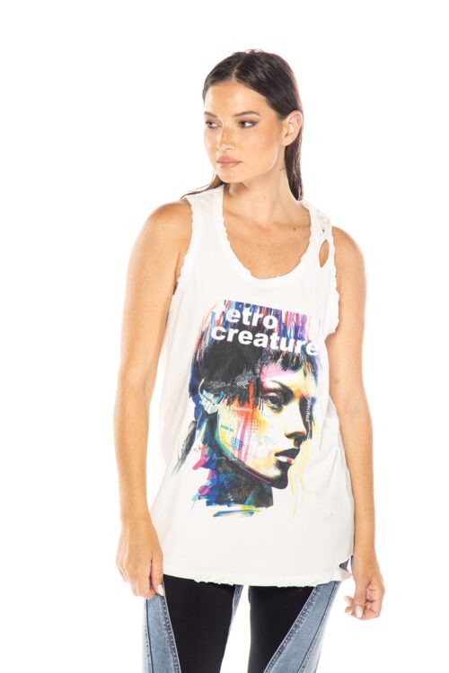  White Color Vintage Look Designed Tank  WOMAN