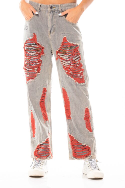 Washed Grey and red denim jeans STYLE