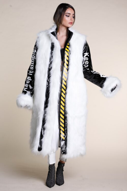 Black And White Yinyl And Faux Fur Long Coat  HONEST