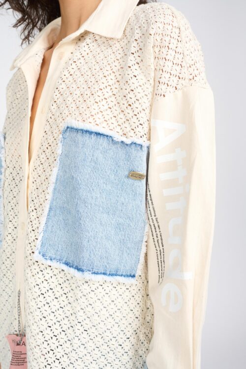 Buttoned up Long Beige And Denim Shirt  ATTITUDE