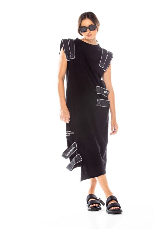Black Designed Midi Length Asymmetric Dress  SEVEN