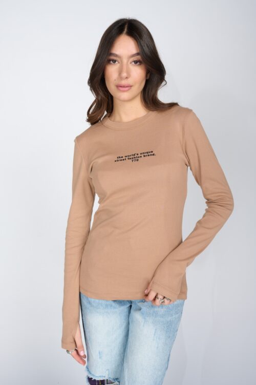 Brown Long Sleeves Basic Cotton Top BRAND
