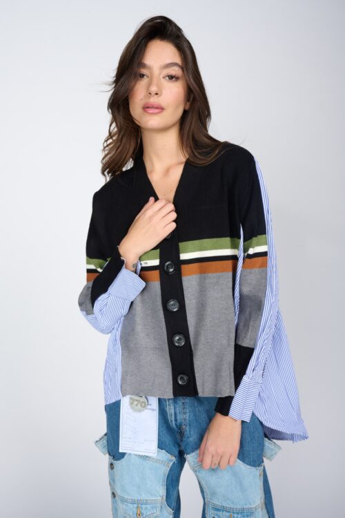 Black Gray And Green Knit and Cotton Top FASHION