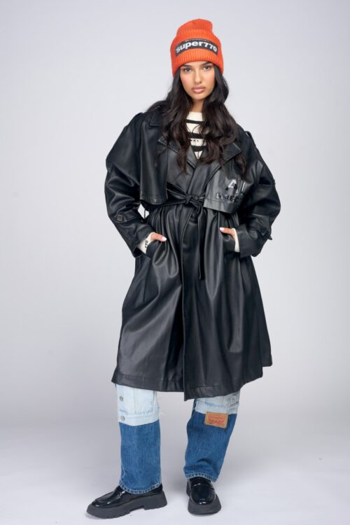  Designed Long Faux Leather Coat  ALL