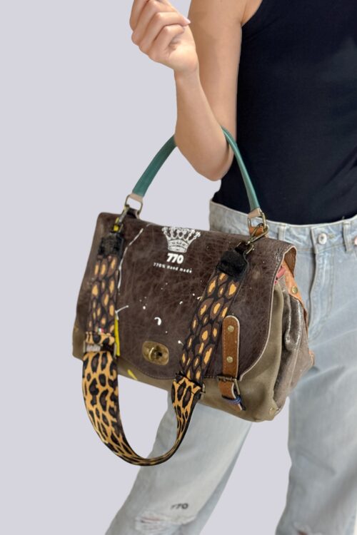 Hand Made Big Brown And Black Multicolor Leather Hand Bag  STYLE