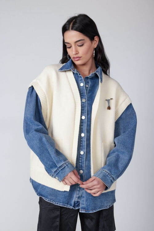Buttoned Denim And Knit Jacket Top SUNSET