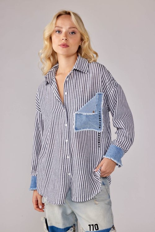 Buttoned striped shirt with jeans combination 770SEVEN